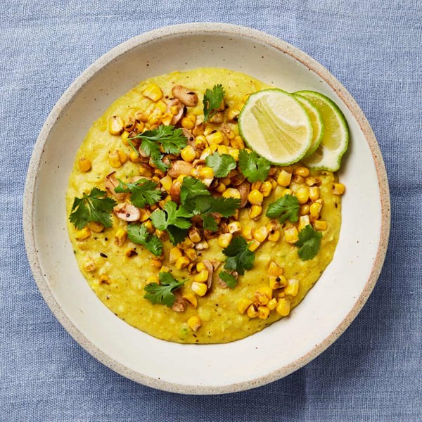 Spiced semolina with fried corn and peanuts