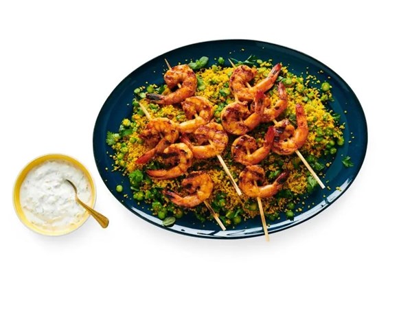 Spiced shrimp with couscous and preserved lemon yogurt [Ayesha Nurdjaja]