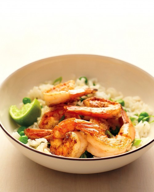 Spiced shrimp with ginger rice and peas