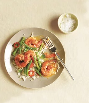Spiced shrimp with green beans and lime