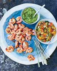 Spiced shrimp with tomato salsa and avocado dip