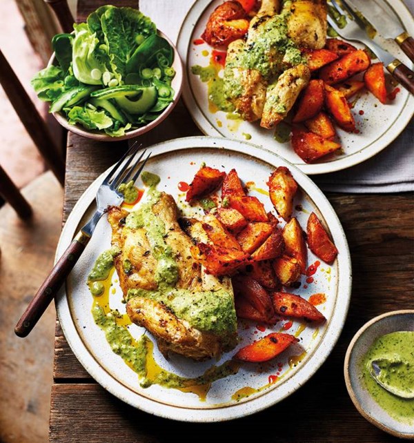 Spiced spatchcock poussin with harissa potatoes and lemon caper sauce