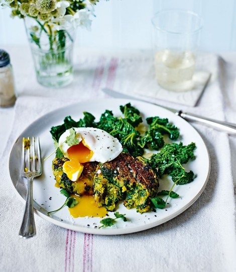 Spiced spinach and potato cakes with poached eggs and stir-fried kale