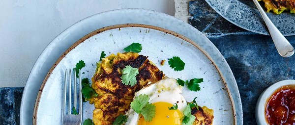 Spiced sprout fritters with duck eggs