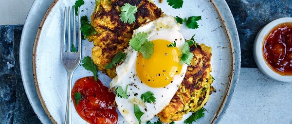 Spiced sprout fritters with duck eggs