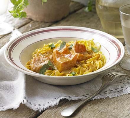 Spiced squash pasta with lime pickle
