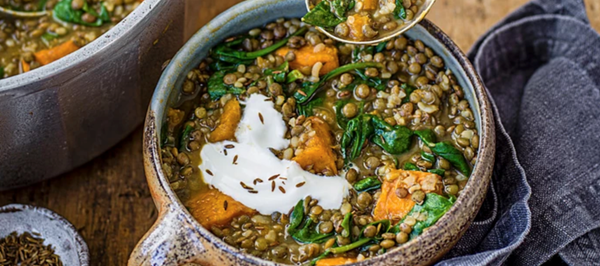 Spiced squash, spinach and lentil soup