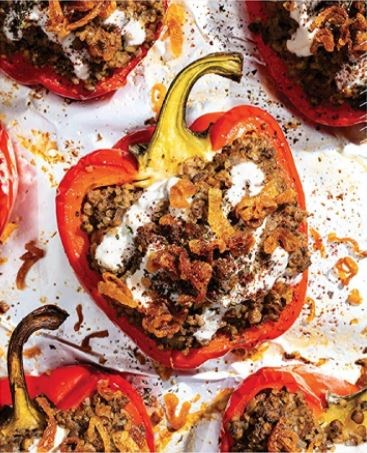 Spiced stuffed peppers with yogurt-tahini sauce