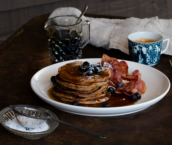 Spiced Sunday pancakes with coffee syrup & bacon