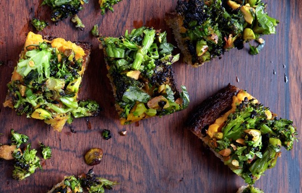 Spiced sweet potato and roasted broccoli toasts
