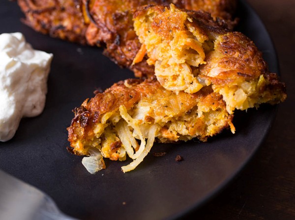 Spiced sweet potato, carrot, and acorn squash latkes