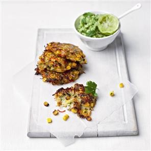Spiced sweetcorn and potato fritters with guacamole