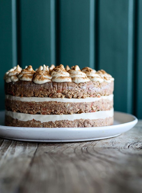 Spiced tangelo & walnut layered carrot cake with ginger cashew cream