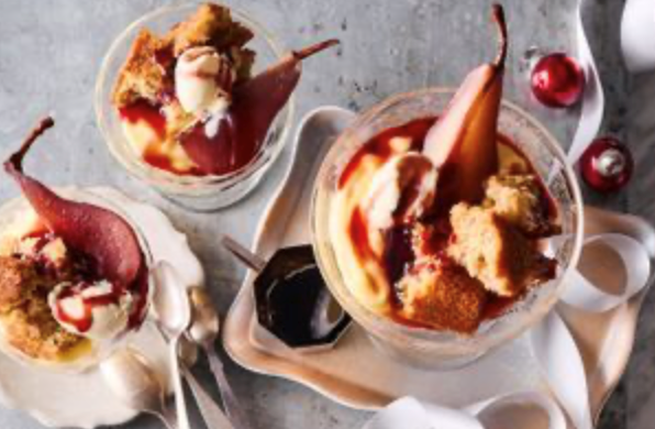 Spiced trifle with red wine poached pears