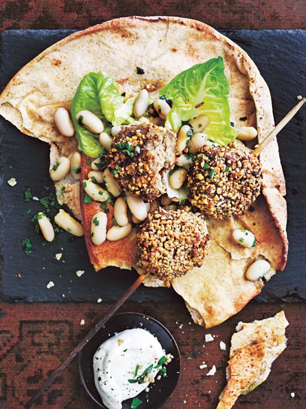 Spiced turkey kofta skewers with bean salad