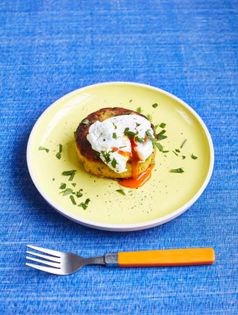 Spiced-up fried potato cakes with poached eggs