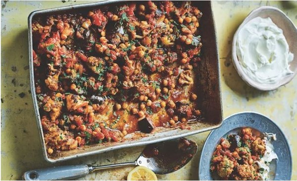 Spiced vegetables and chickpeas with yoghurt and mint