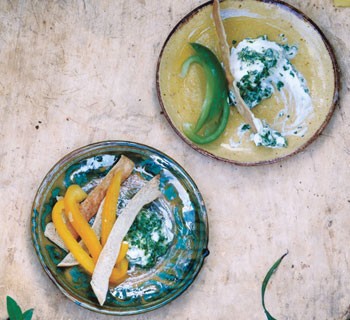 Spiced yogurt dip with pita and peppers