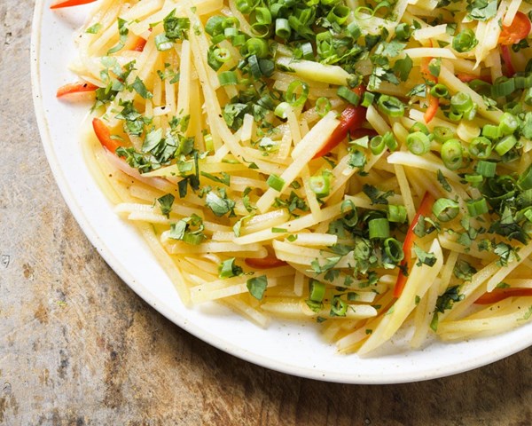 Spicy and sour julienned potato salad with Sichuan pepper