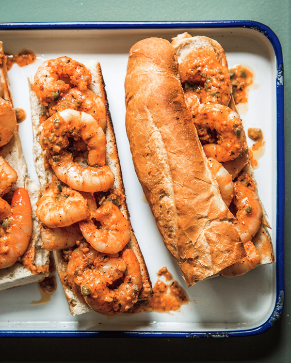 Spicy Asian Cajun BBQ shrimp with grilled baguette 