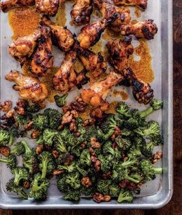 Spicy Asian chicken drumettes with broccoli & spiced walnuts