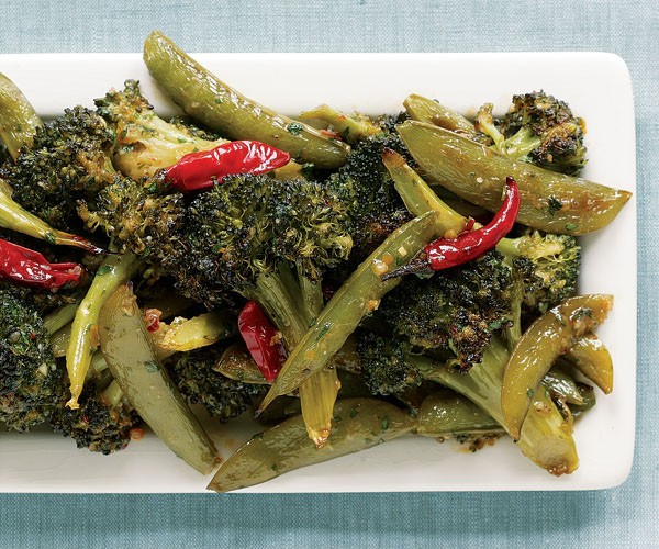 Spicy Asian roasted broccoli and snap peas