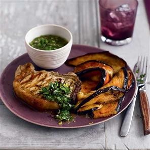Spicy aubergines with pork chops & chimichurri sauce