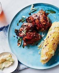 Spicy barbecued chicken with miso corn