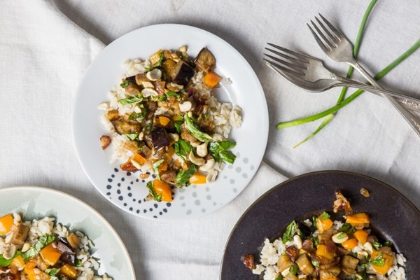 Spicy basil eggplant with dates and cashews
