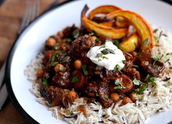 Spicy beef shin hotpot with roast squash wedges 