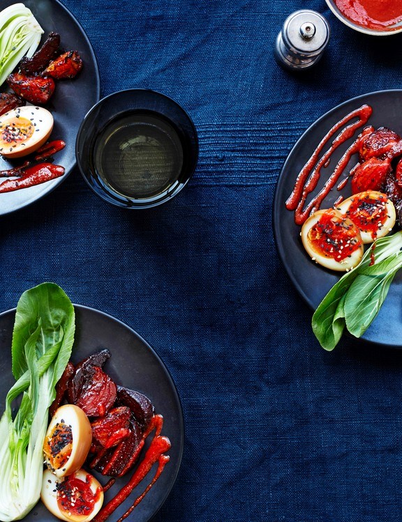 Spicy beetroot and pak choy with ramen eggs and Sriracha