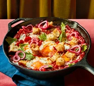 Spicy Bloody Mary eggs with crunchy croutons