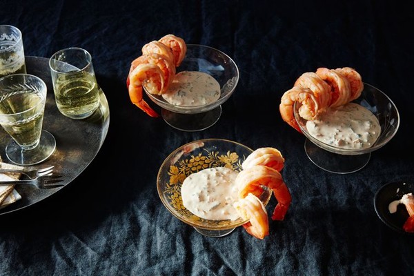 Spicy boiled shrimp cocktail with smoky remoulade