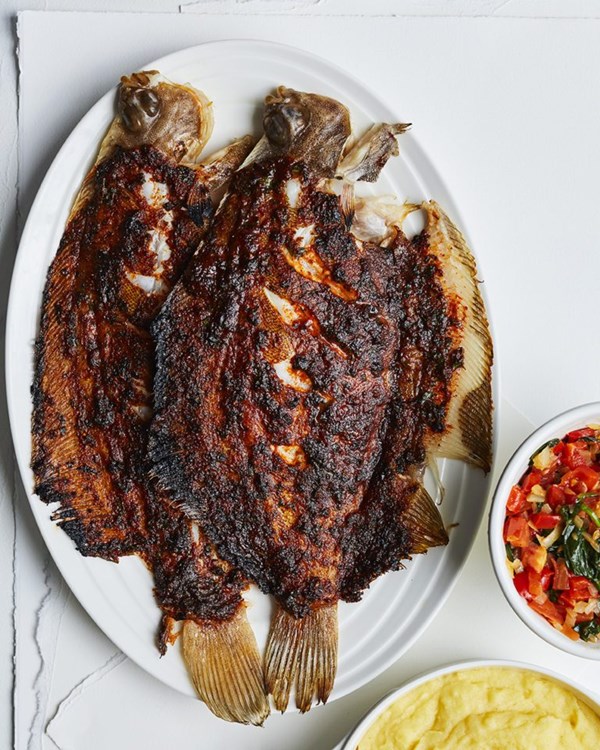 Spicy braai sole with maize and peppers with spinach 
