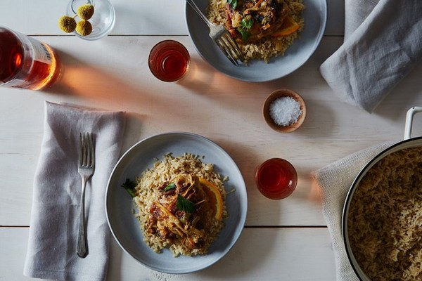Spicy braised chicken with citrus and rhubarb