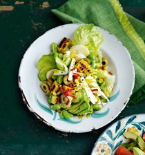 Spicy broad bean, corn and olive salad