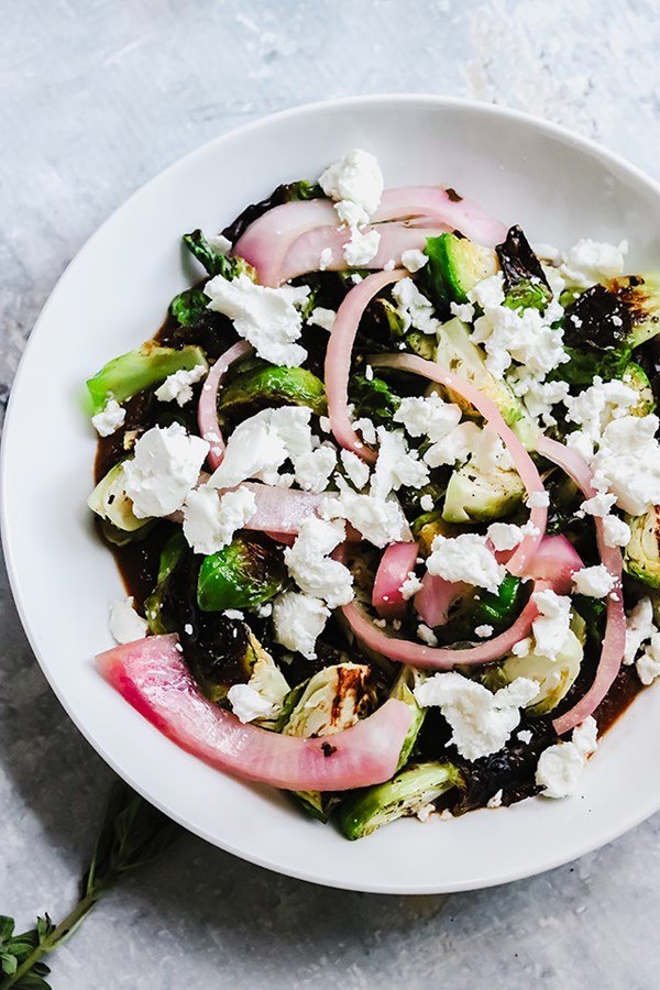 Spicy Brussels sprouts with salmorejo and pickled onions