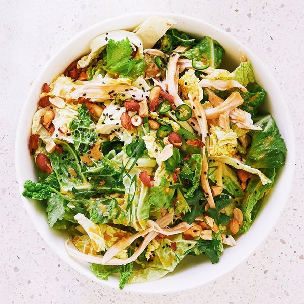 Spicy cabbage salad with turkey and peanuts