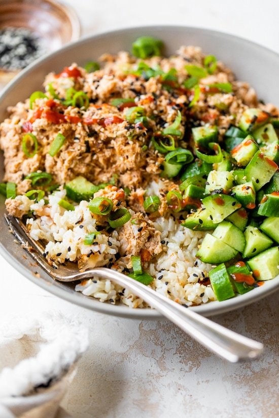 Spicy canned salmon rice bowl