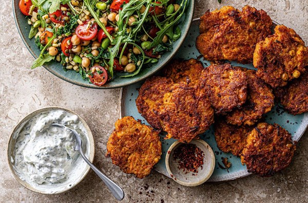 Spicy carrot fritters with tomato grain salad & tzatziki