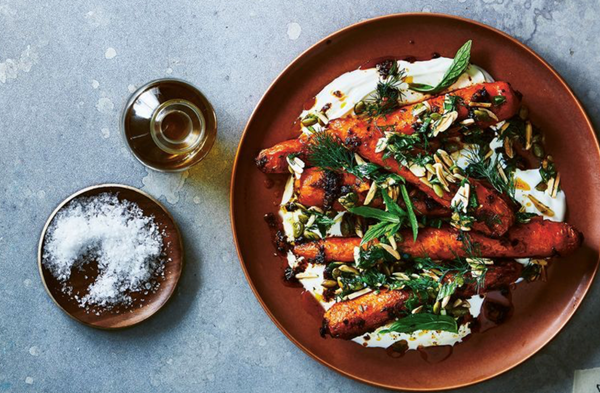 Spicy carrots with maple, pepitas, yoghurt and mint