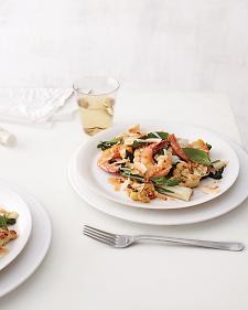 Spicy cauliflower, bok choy, and shrimp stir-fry with coconut