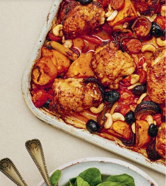 Spicy chicken + cashew traybake