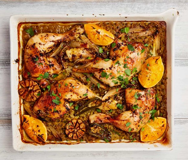 Spicy chicken and split-pea traybake