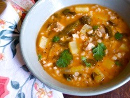 Spicy chicken barley soup with sweet potatoes and spinach