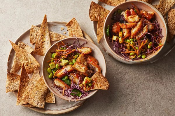 Spicy chicken chopped salad with tortilla scoops