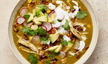 Spicy chicken, corn and charred vegetable soup