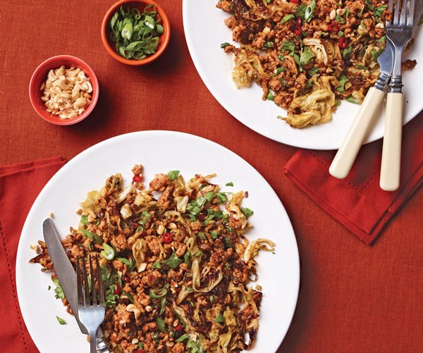 Spicy chicken larb with Thai-style roasted cabbage