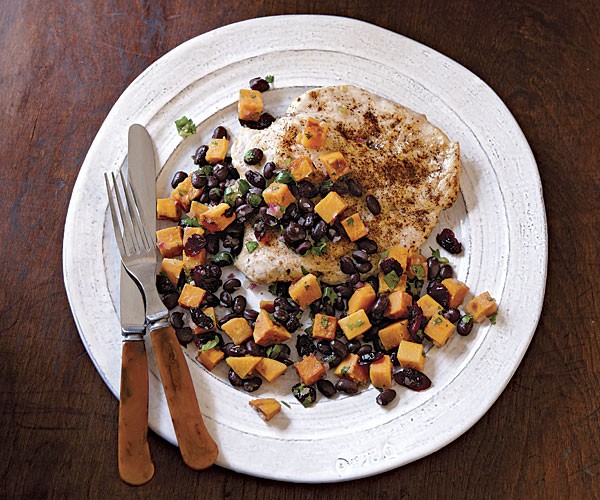 Spicy chicken with black bean, cranberry, and sweet potato salsa