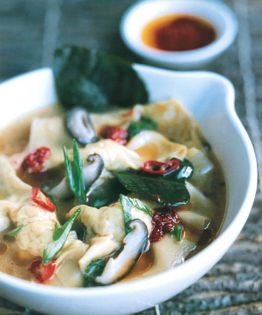 Spicy chicken wonton soup with shiitake mushrooms